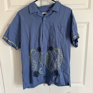 Obey Blue Short-Sleeve Button-Down Shirt with Green Paisley Accents